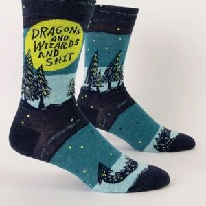 Blue Q Men’s Crew Fantasy-Themed Socks Green  Blue Design Dragons Wizards